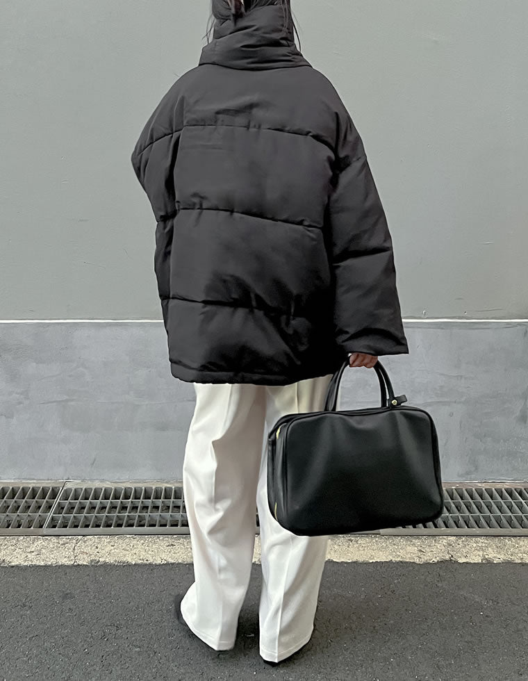 マイクロタフタマフラー付きノーカラー中綿フェイクダウンジャケット