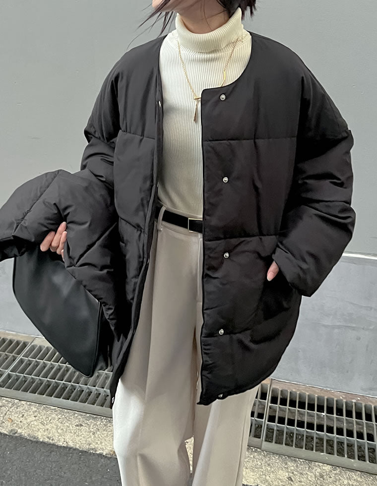 miumannH マフラー付ノーカラー中綿ダウン新品ビッグサイズM〜3 L 黒 マイクロタフタマフラー付きノーカラー中綿フェイクダウンジャケット