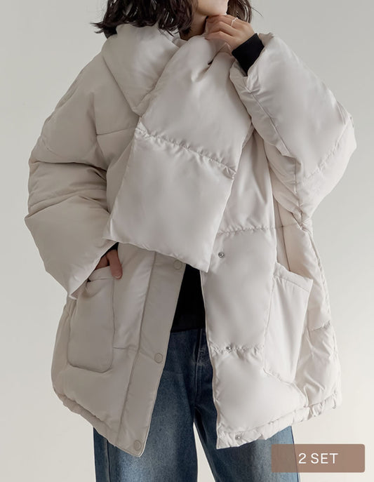 [2点セット]マイクロタフタマフラー付きノーカラー中綿フェイクダウンジャケット