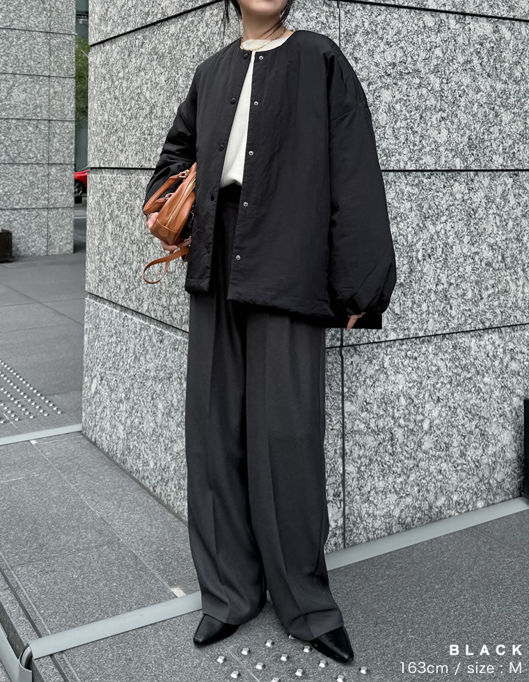 オーバーサイズサイドジップノーカラー中綿ジャケット - ジャケット