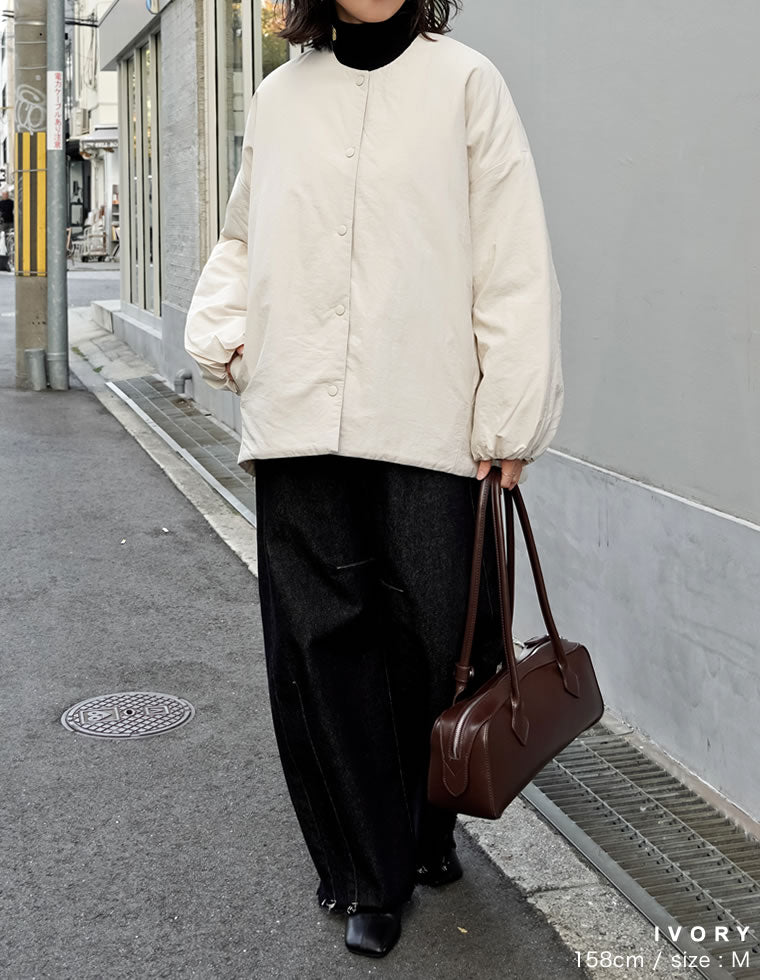 Euro Vintage 中綿入りノーカラーアルパカジャケット オーバーサイズサイドジップノーカラー中綿ジャケット - ジャケット