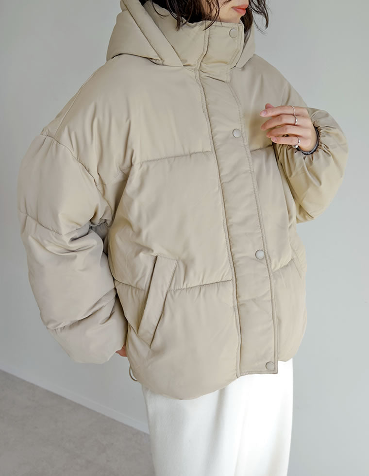 フード付きスタンドカラーフェイクダウン中綿ジャケット - ジャケット