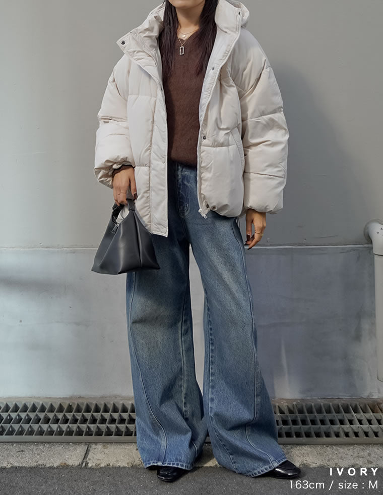 フード付きスタンドカラーフェイクダウン中綿ジャケット - ジャケット