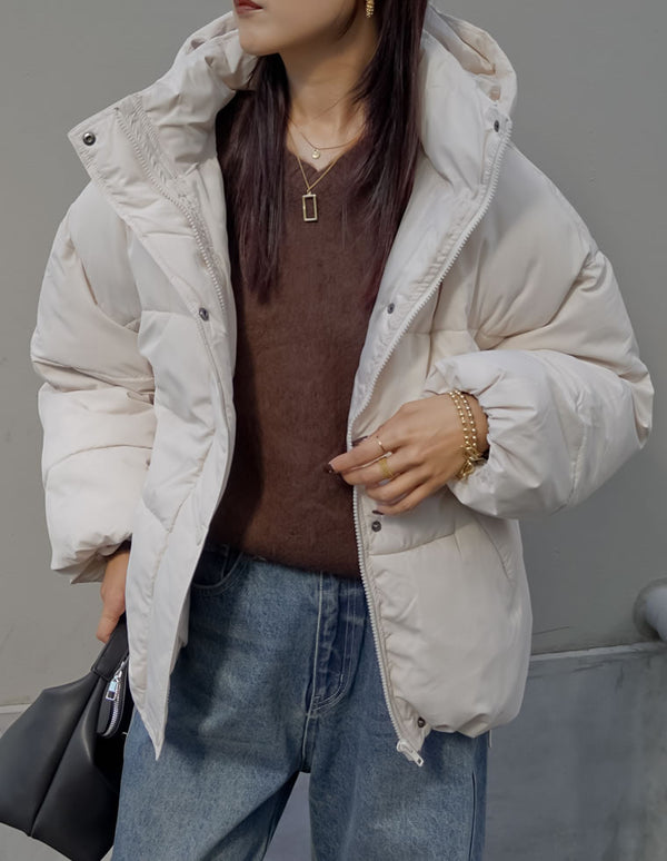 [低身長サイズ有]フード付きスタンドカラーフェイクダウン中綿ジャケット