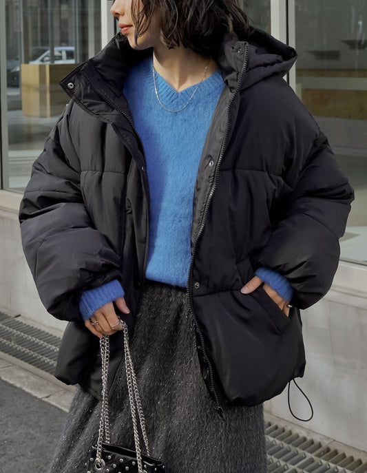 [低身長サイズ有]フード付きスタンドカラーフェイクダウン中綿ジャケット