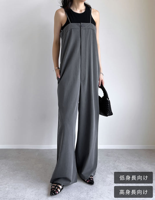 【TIME SALE 10%OFF ¥4,998⇒¥4,498】[低身長/高身長サイズ有][体型カバー]ワンボタンベアキャミサロペット オールインワン 人気レディースファッション通販 リエディ