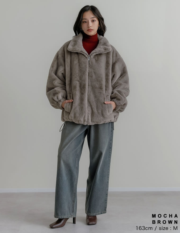 ハイネックドロスト付きフェイクファージャケット - ジャケット