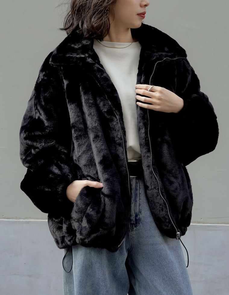 ハイネックドロスト付きフェイクファージャケット - ジャケット