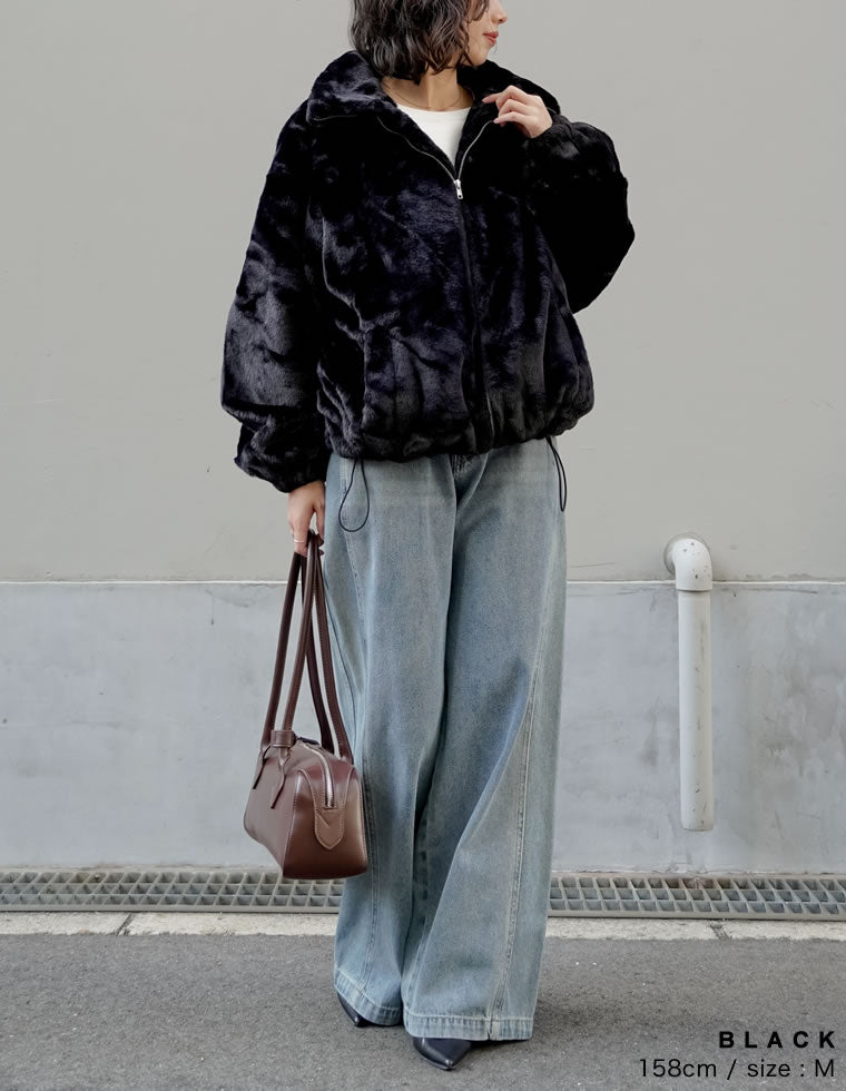 ハイネックドロスト付きフェイクファージャケット - ジャケット