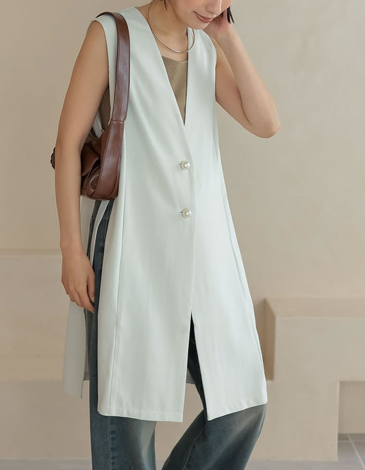 【SPRING SALE 25%OFF⇒¥3,749】[低身長サイズ有]パールボタンサイドベルトノーカラージレベスト ジャケット/アウター レディースファッション通販 リエディ