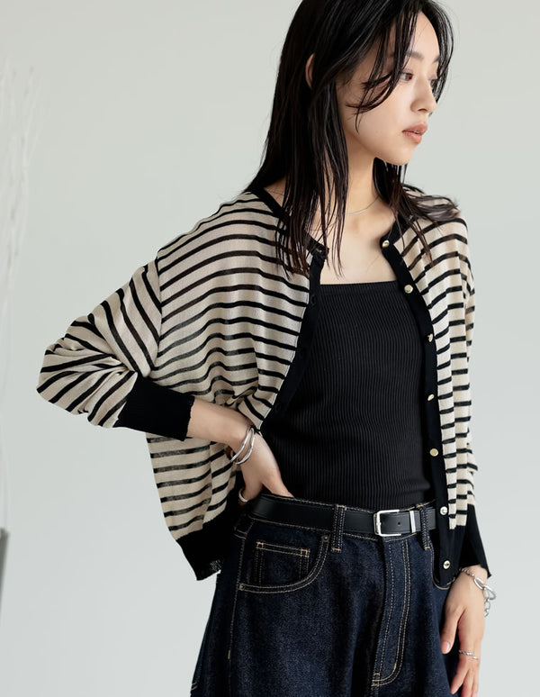 《今だけ！2BUY20%OFFクーポン対象》【限定TIME SALE 15%OFF ¥3,979⇒¥3,382】[新色追加][サステナブル][接触冷感]前後2WAY無地orボーダーシアーニットカーディガン[mb]
