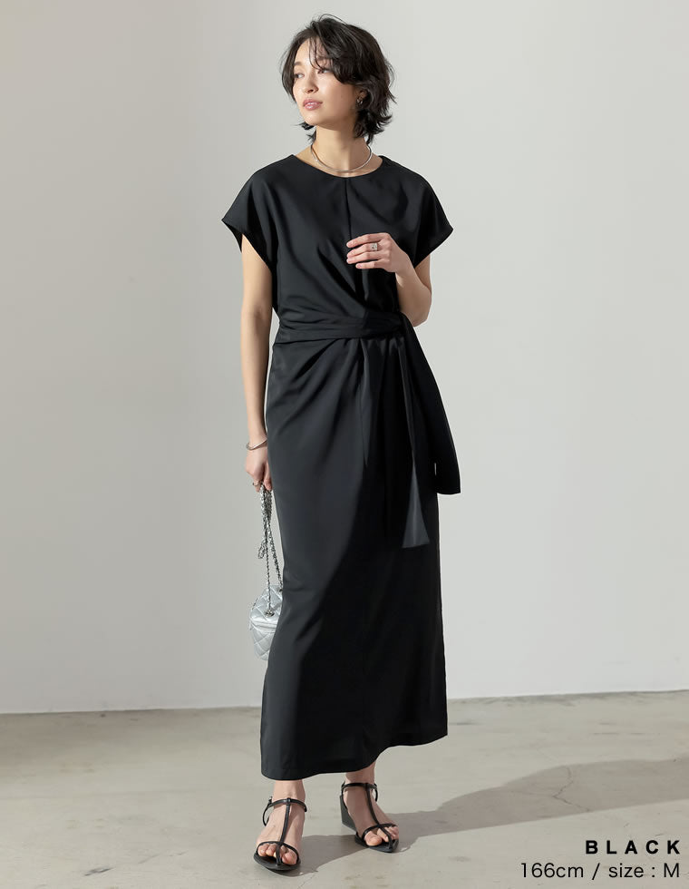 【SPRING SALE 25%OFF⇒¥3,224】[SUMMER DRESS  COLLECTION][低身長/高身長サイズ有]ウエストラップフレンチスリーブワンピース