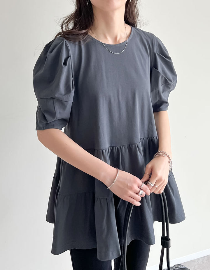 【TIME SALE 30%OFF ¥3,498⇒¥2,448】[接触冷感][UVカット][紫外線対策]パフスリーブティアードカットソーチュニック[mb] トップス 人気レディースファッション通販 リエディ