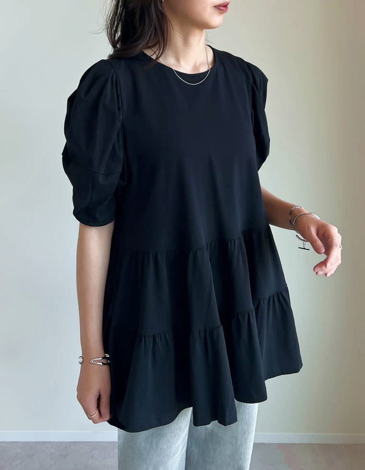 【TIME SALE 30%OFF ¥3,498⇒¥2,448】[接触冷感][UVカット][紫外線対策]パフスリーブティアードカットソーチュニック[mb] トップス 人気レディースファッション通販 リエディ