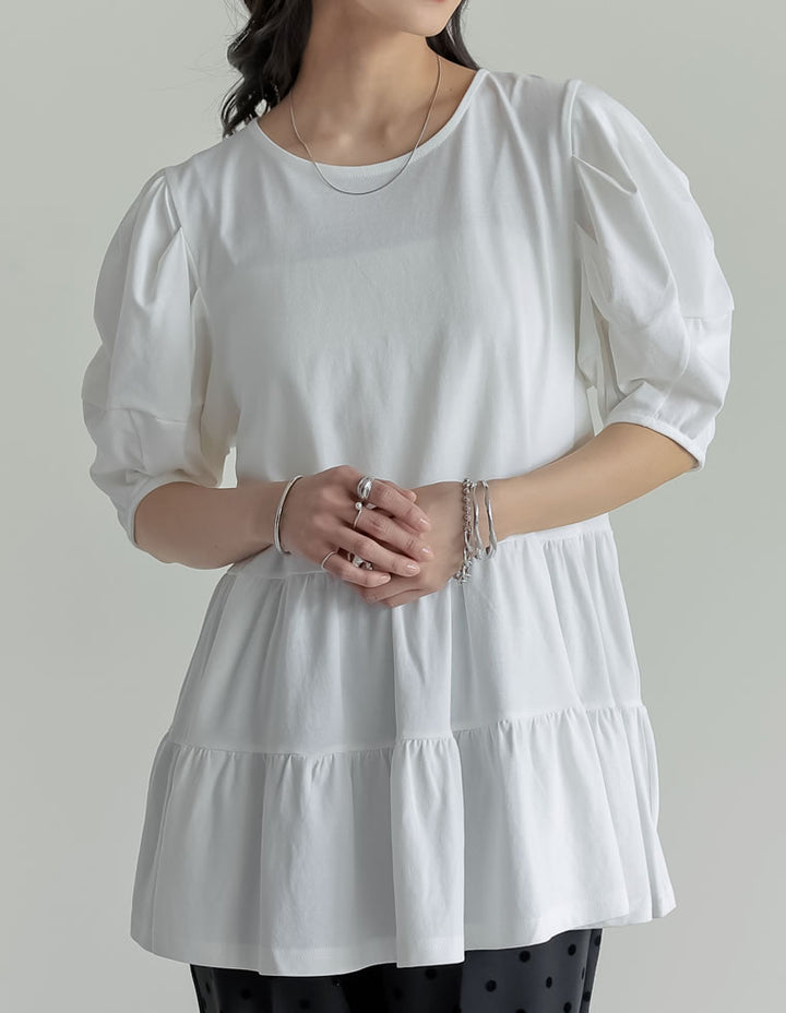 【TIME SALE 30%OFF ¥3,498⇒¥2,448】[接触冷感][UVカット][紫外線対策]パフスリーブティアードカットソーチュニック[mb] トップス 人気レディースファッション通販 リエディ