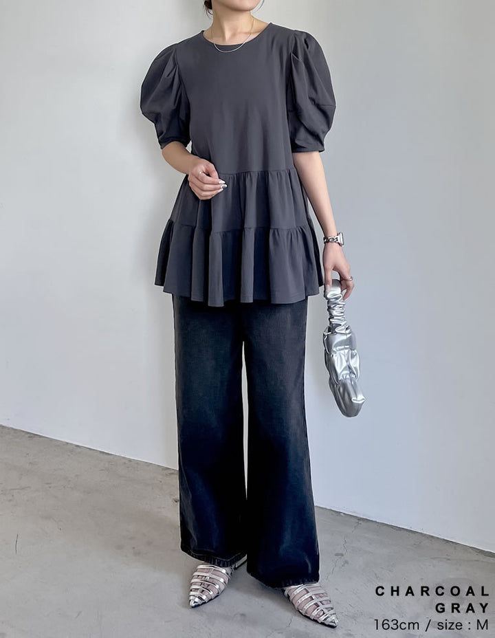 【TIME SALE 30%OFF ¥3,498⇒¥2,448】[接触冷感][UVカット][紫外線対策]パフスリーブティアードカットソーチュニック[mb] トップス 人気レディースファッション通販 リエディ