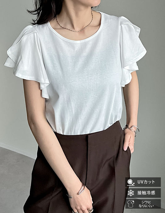 【TIME SALE 30%OFF ¥2,998⇒¥2,098】[接触冷感][UVカット]フリルスリーブ半袖Tシャツ[mb] トップス 人気レディースファッション通販 リエディ