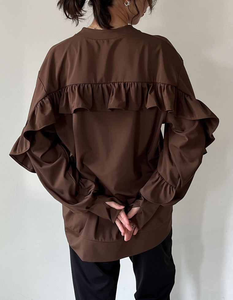 指穴付きフリルラッシュガードキーネックブルゾン - 水着/着物・浴衣