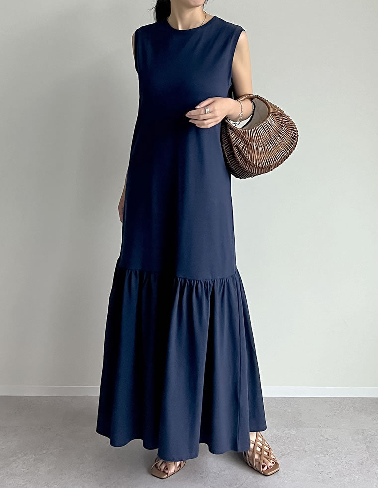 コットンブレンドノースリーブティアードワンピース - ワンピース通販