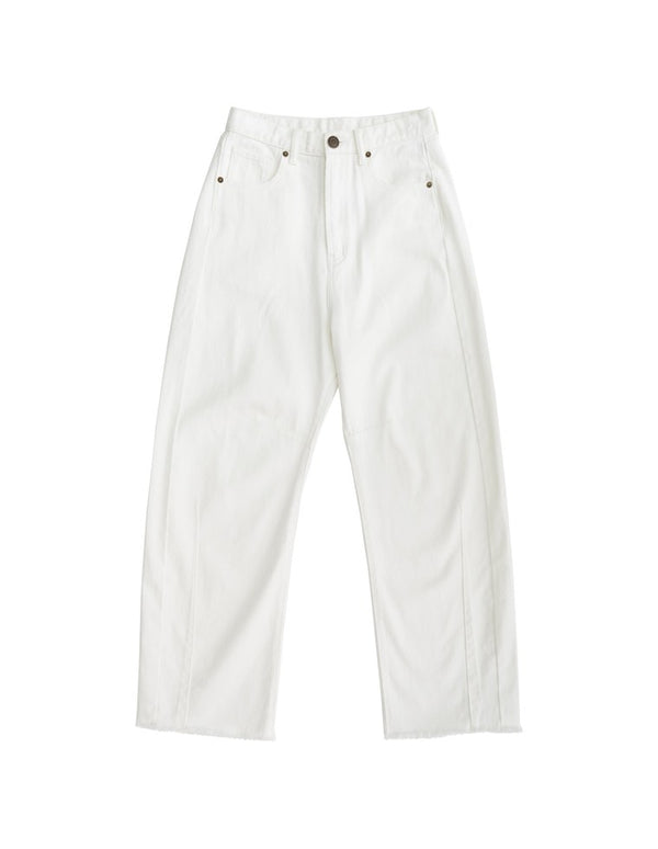 裾フリンジバレルレッグデニムパンツ