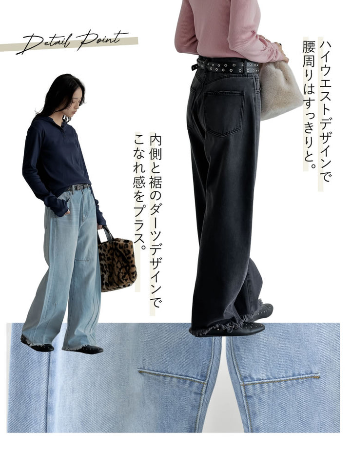 [2025AW COLLECTION][新色追加][販売枚数8.5万枚突破][トレンドNo.1デニム][全骨格美脚見えシルエット][サイズ別/身長別画像あり][低身長/高身長/大きいサイズ有]裾フリンジバレルレッグデニムパンツ パンツ 人気レディースファッション通販 リエディ