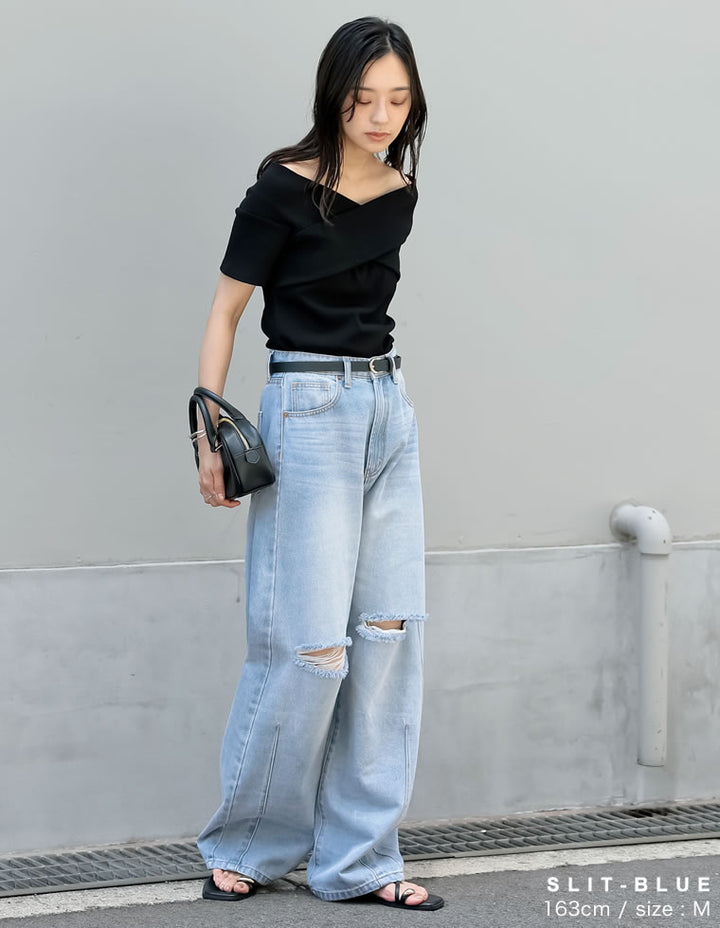 【TIME SALE 10%OFF ¥4,998⇒¥4,498】[販売枚数7.5万枚突破][トレンドNo.1デニム][全骨格美脚見えシルエット][サイズ別/身長別画像あり][低身長/高身長/大きいサイズ有]裾フリンジバレルレッグデニムパンツ パンツ 人気レディースファッション通販 リエディ