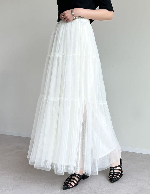 《今だけ！2BUY20%OFFクーポンで ¥3,748⇒¥2,998》【決算SALE！ 25％OFF】[低身長サイズ有][2点セット]2WAYペチコート付きティアードフリルチュールボリュームスカート