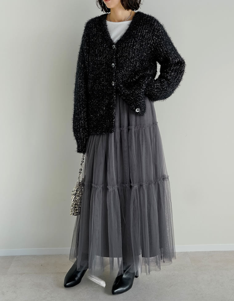 2WAYペチコート付きティアードフリルチュールボリュームスカート