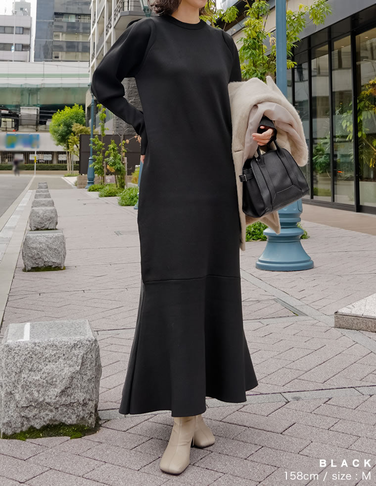 ミラノリブパフスリーブスポンジニットマーメイドワンピース