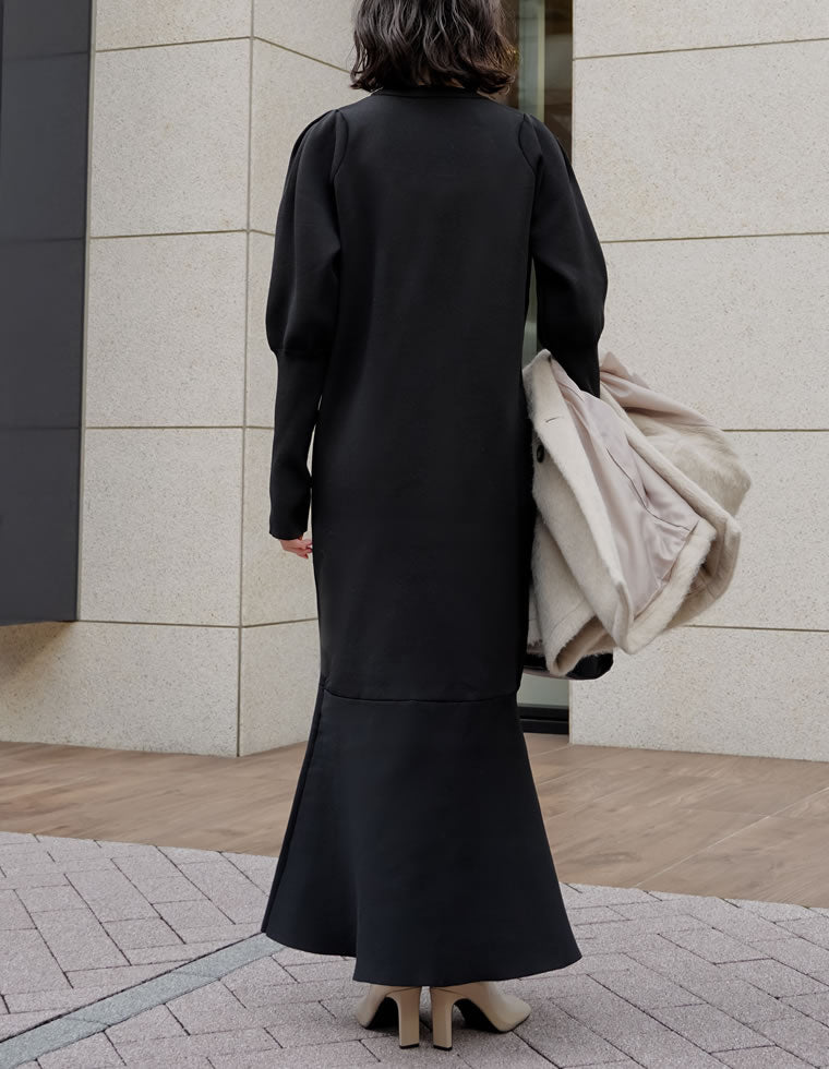 【♡♡♡】エポデイジー長袖マーメイド ワンピース ミラノリブパフスリーブスポンジニットマーメイドワンピース