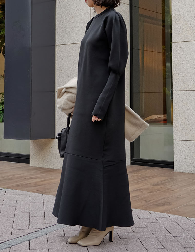 ミラノリブパフスリーブスポンジニットマーメイドワンピース