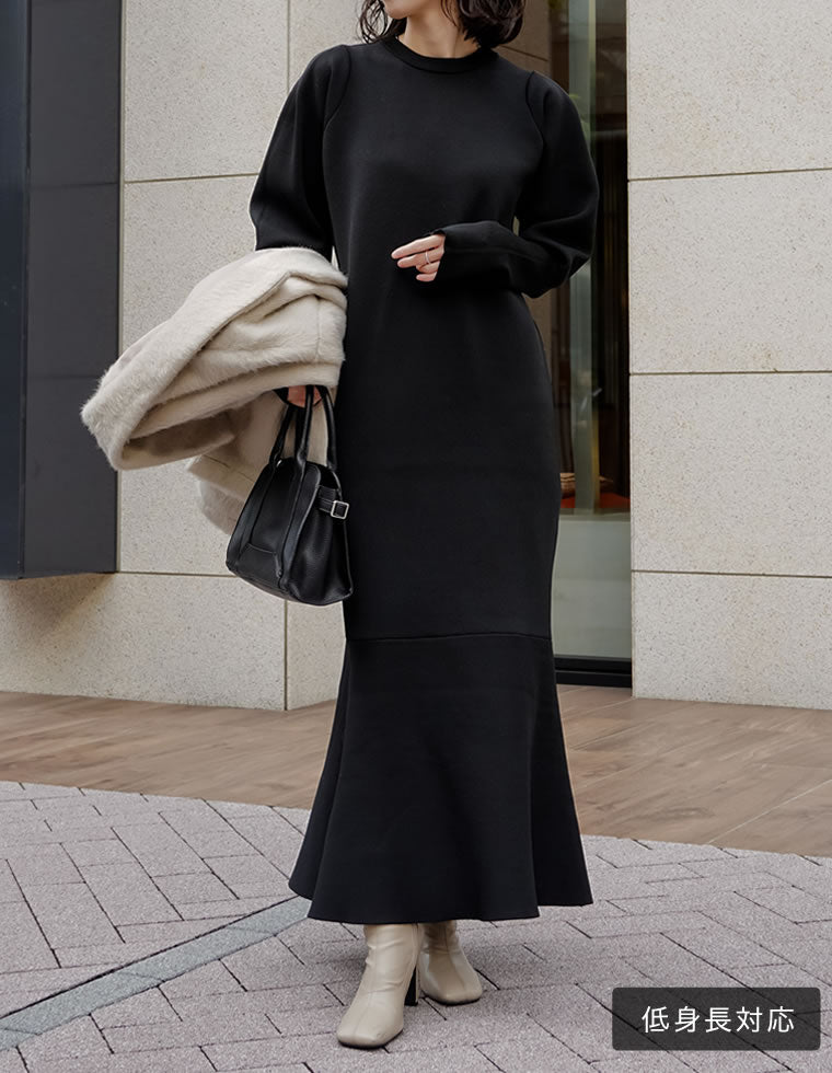 ミラノリブパフスリーブスポンジニットマーメイドワンピース