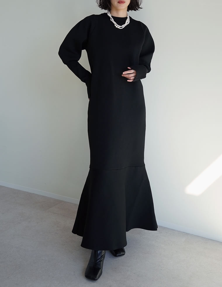 ミラノリブパフスリーブスポンジニットマーメイドワンピース