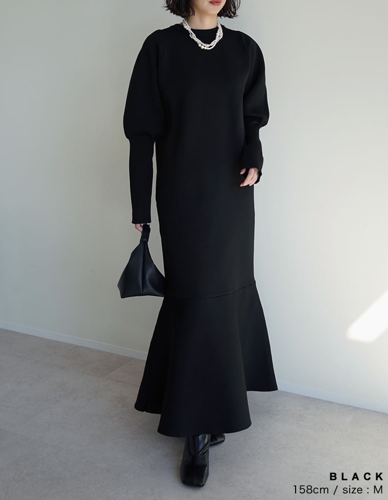 ミラノリブパフスリーブスポンジニットマーメイドワンピース