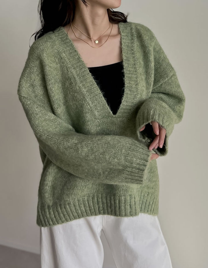 [新色追加]深Vネック起毛MIXブークレニットトップス トップス 人気レディースファッション通販 リエディ