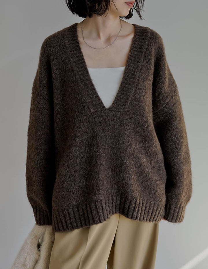 [新色追加]深Vネック起毛MIXブークレニットトップス トップス 人気レディースファッション通販 リエディ