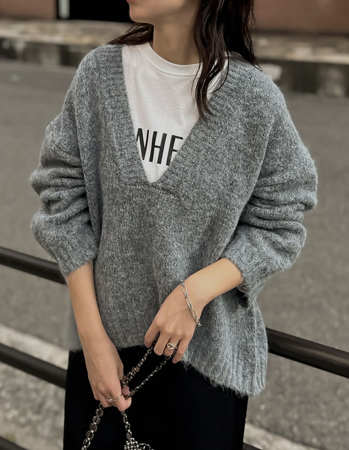 [新色追加]深Vネック起毛MIXブークレニットトップス トップス 人気レディースファッション通販 リエディ