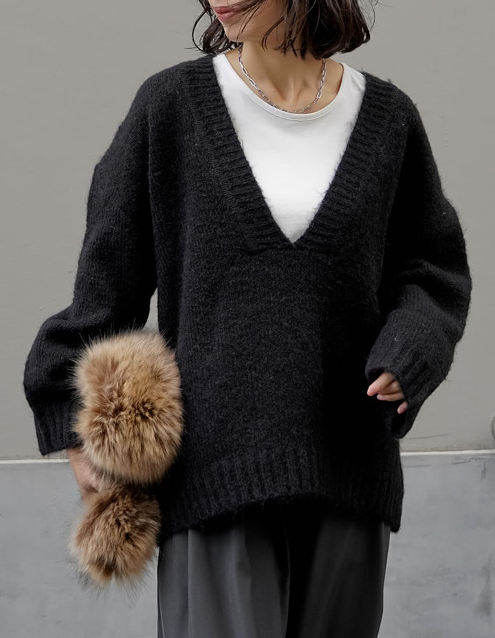 [新色追加]深Vネック起毛MIXブークレニットトップス トップス 人気レディースファッション通販 リエディ