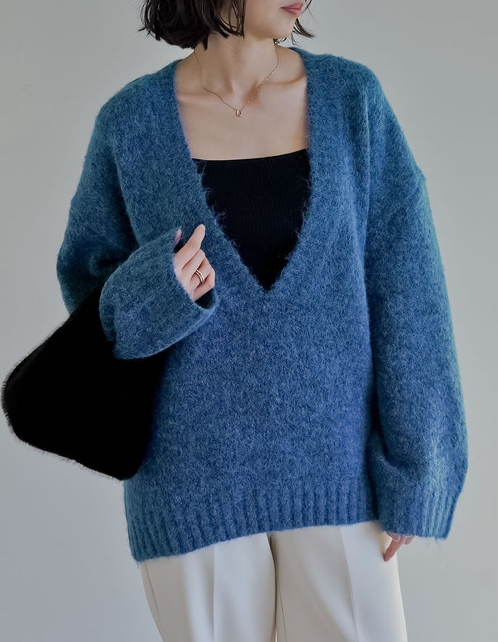 [新色追加]深Vネック起毛MIXブークレニットトップス トップス 人気レディースファッション通販 リエディ