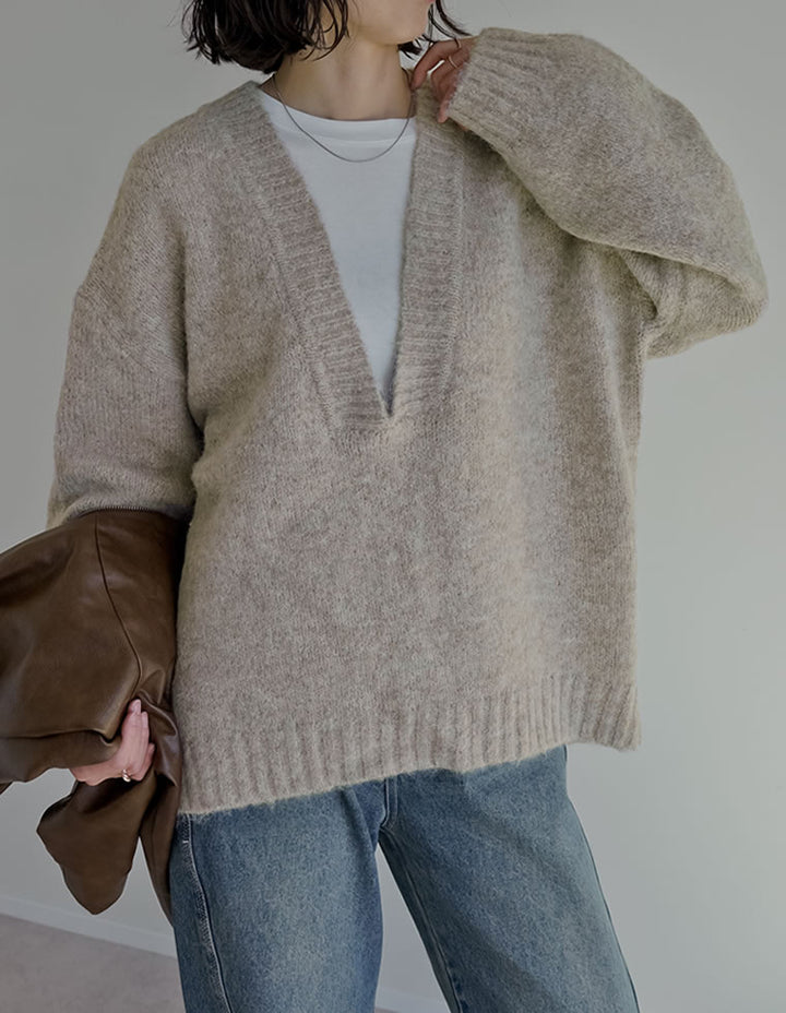 [新色追加]深Vネック起毛MIXブークレニットトップス トップス 人気レディースファッション通販 リエディ