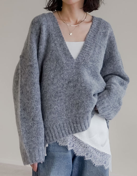 【あったかアイテムフェア 10%OFF】深Vネック起毛MIXブークレニットトップス