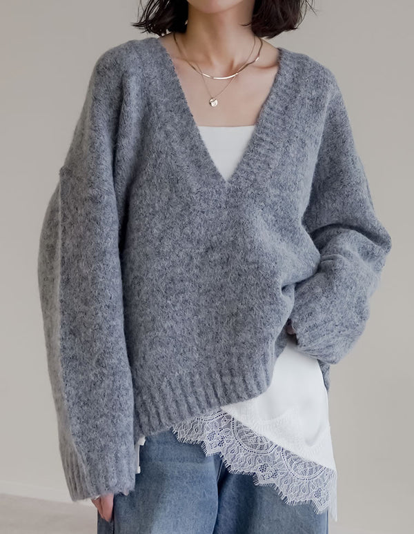 【あったかアイテムフェア 10%OFF】深Vネック起毛MIXブークレニットトップス