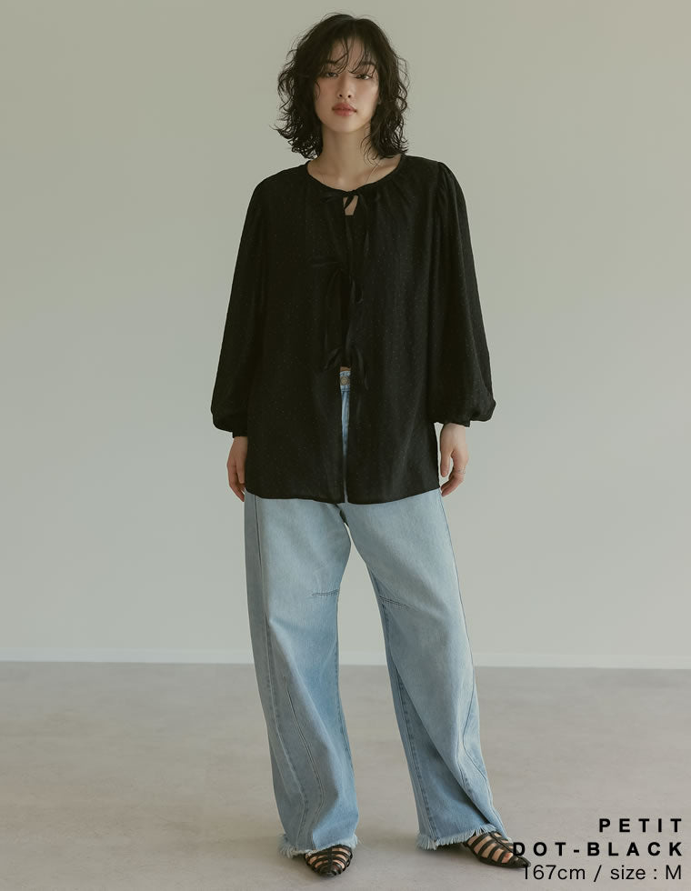 2WAY無地orフロッキードット柄シアー楊柳ボリュームスリーブブラウス