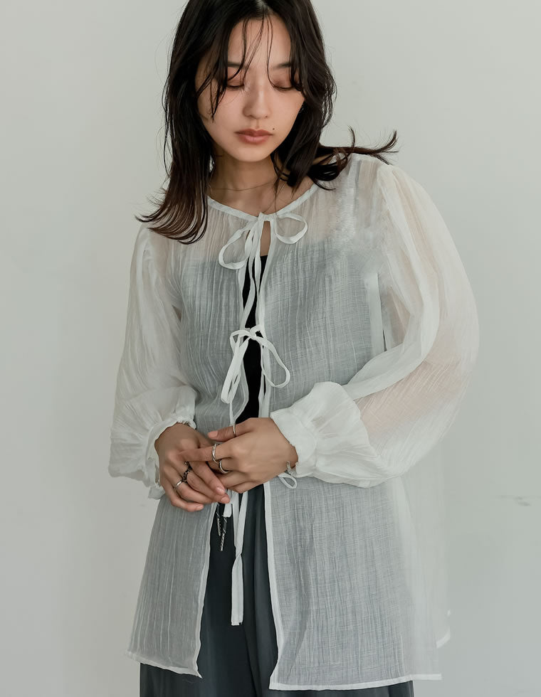 2WAY無地orフロッキードット柄シアー楊柳ボリュームスリーブ