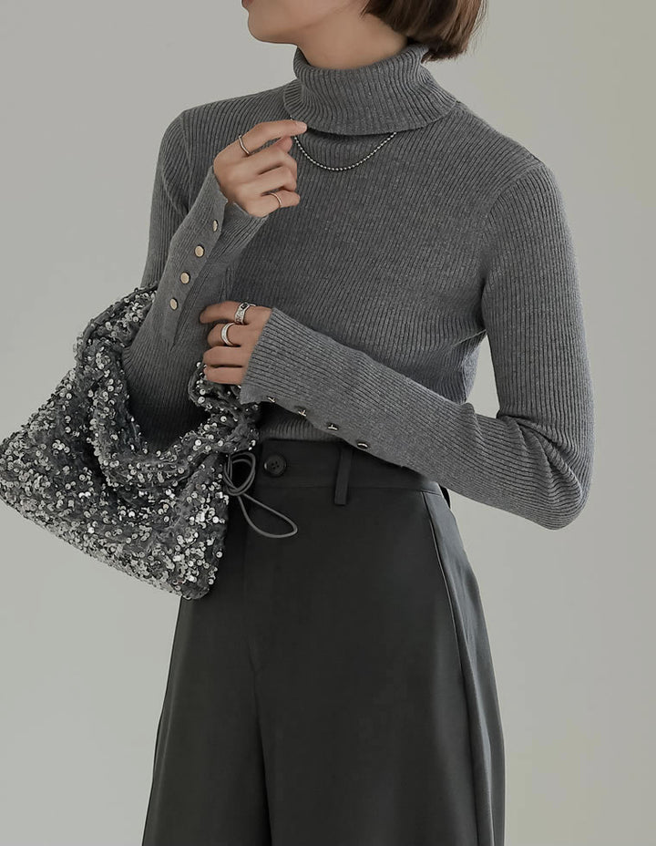 【クーポンで20%OFF ¥3,698⇒¥2,958】〖クーポンコード：SH_20_2511〗[新色追加][シンプルに着映える]袖金ボタンタートルネックリブニットトップス