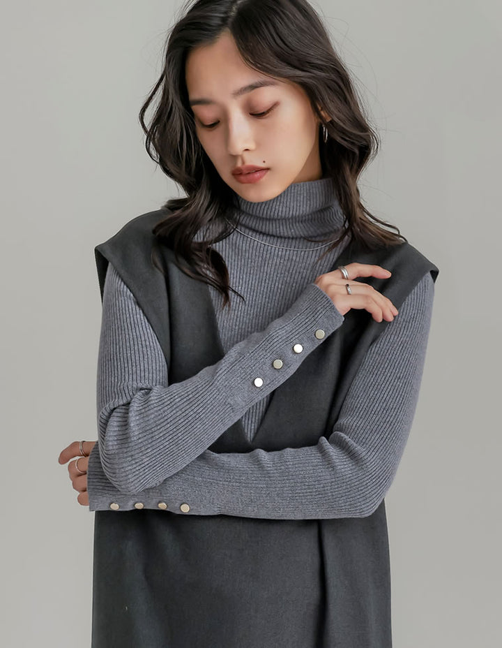 【クーポンで20%OFF ¥3,698⇒¥2,958】〖クーポンコード：SH_20_2511〗[新色追加][シンプルに着映える]袖金ボタンタートルネックリブニットトップス