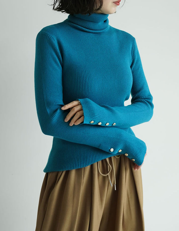 【クーポンで20%OFF ¥3,698⇒¥2,958】〖クーポンコード：SH_20_2511〗[新色追加][シンプルに着映える]袖金ボタンタートルネックリブニットトップス