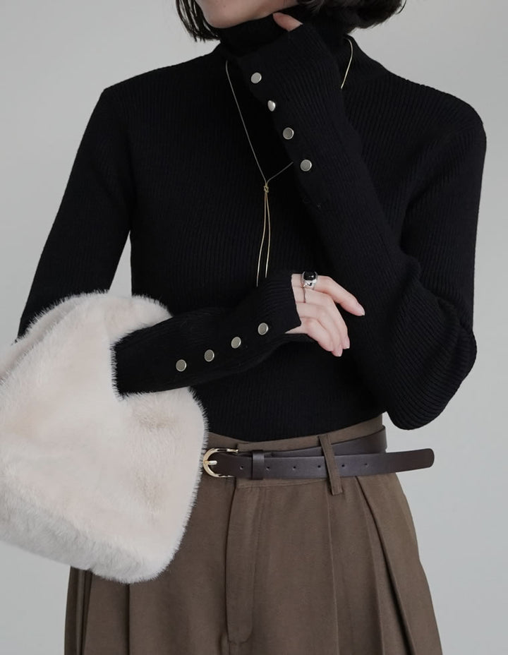 【クーポンで20%OFF ¥3,698⇒¥2,958】〖クーポンコード：SH_20_2511〗[新色追加][シンプルに着映える]袖金ボタンタートルネックリブニットトップス