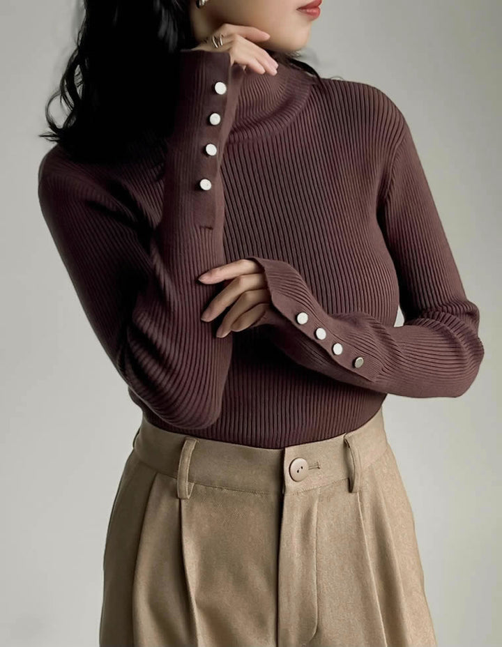 【クーポンで20%OFF ¥3,698⇒¥2,958】〖クーポンコード：SH_20_2511〗[新色追加][シンプルに着映える]袖金ボタンタートルネックリブニットトップス