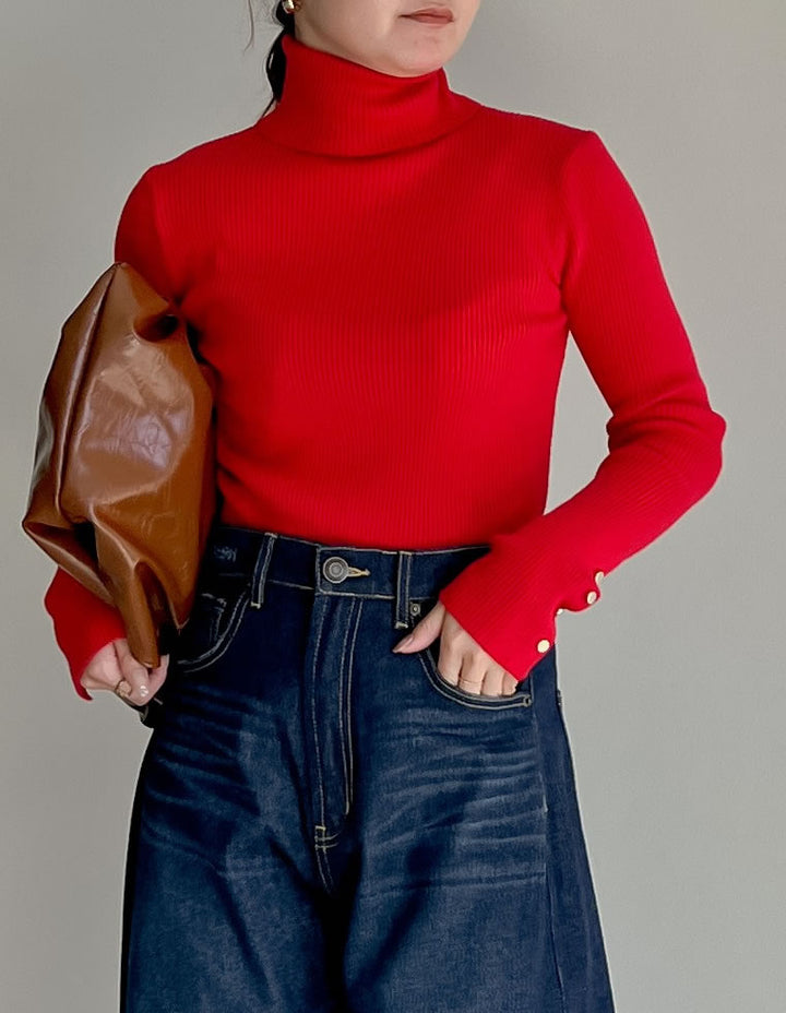 【クーポンで20%OFF ¥3,698⇒¥2,958】〖クーポンコード：SH_20_2511〗[新色追加][シンプルに着映える]袖金ボタンタートルネックリブニットトップス